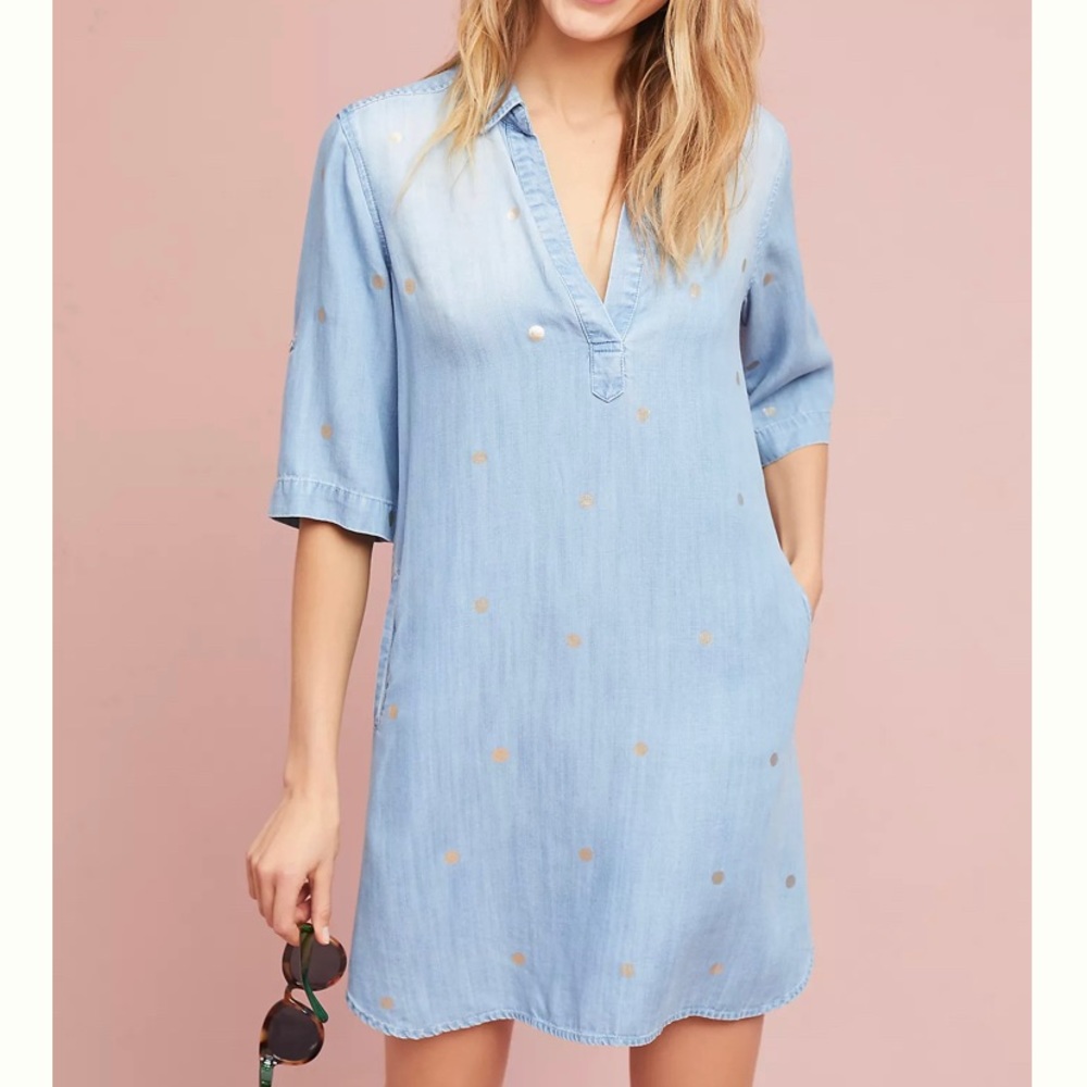 CLOTH & STONE GOLD-DOTTED CHAMBRAY DRESS